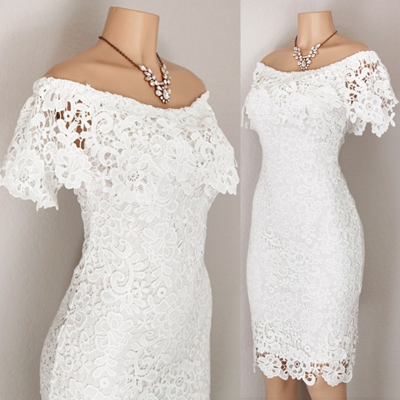 Last☝️ Crochet Lace Off Shoulder Sheath Midi Dress - Picture 2 of 8